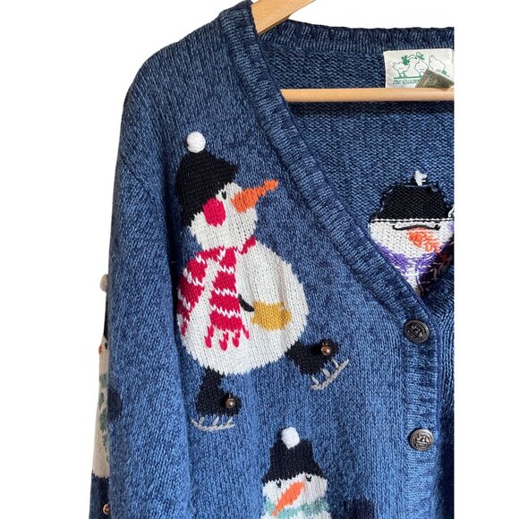 The Quacker Factory Snowman Jingle Bell Cardigan Sweater Blue Size 1X Ramie Cott - Picture 3 of 12